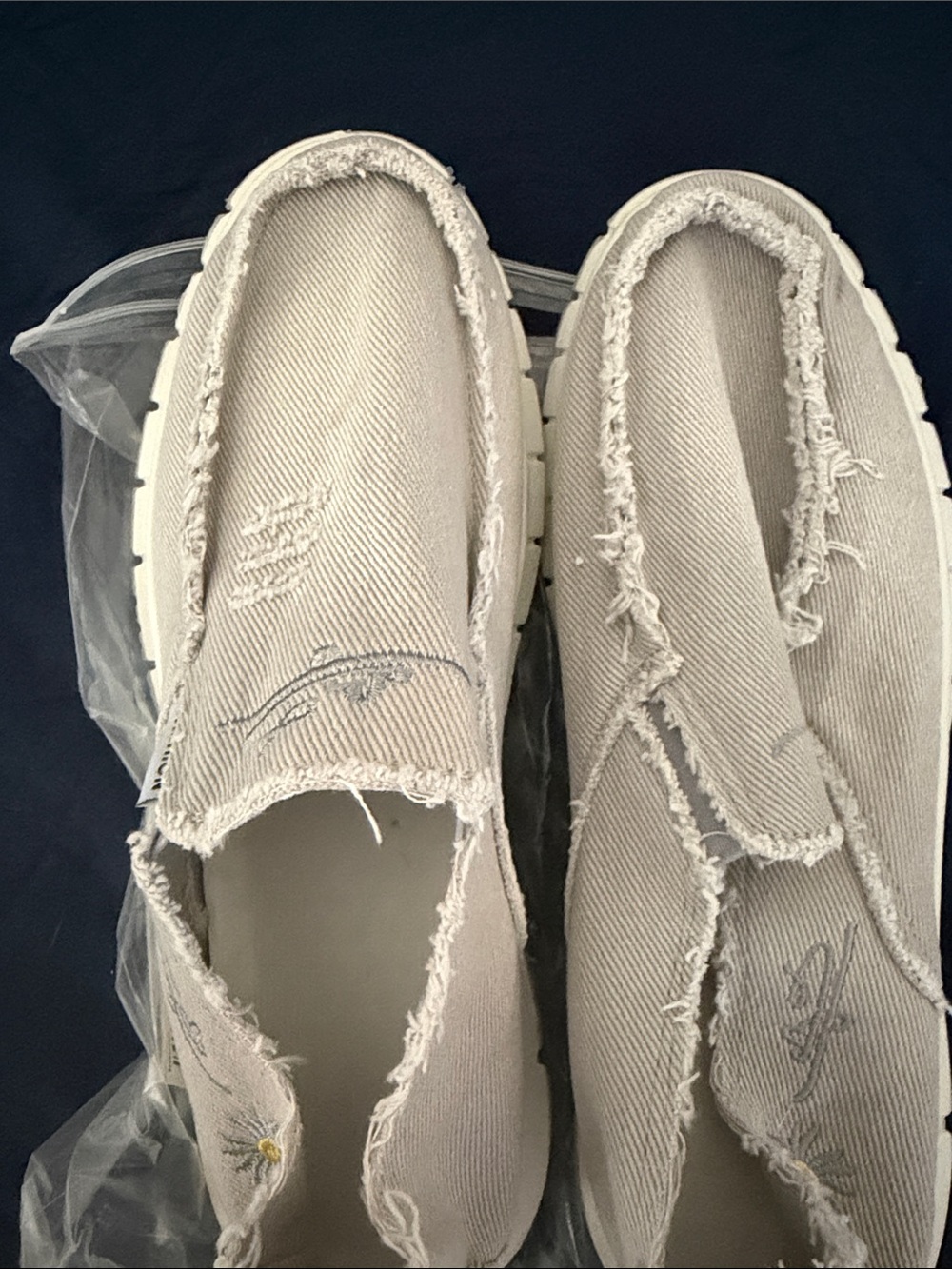 Beige Frayed Canvas Slip-On Shoes